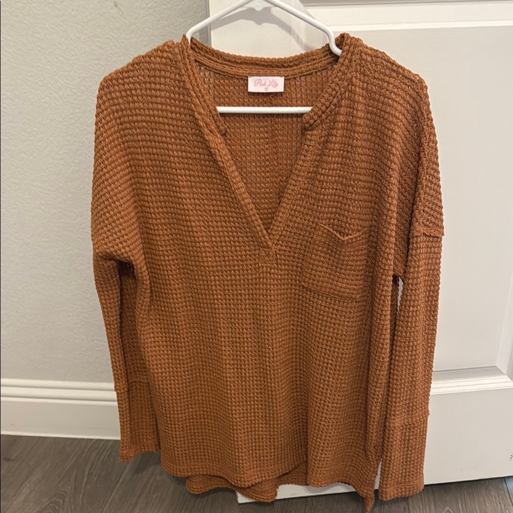Pink Lily Rust Waffle Knit Long Sleeve Top
